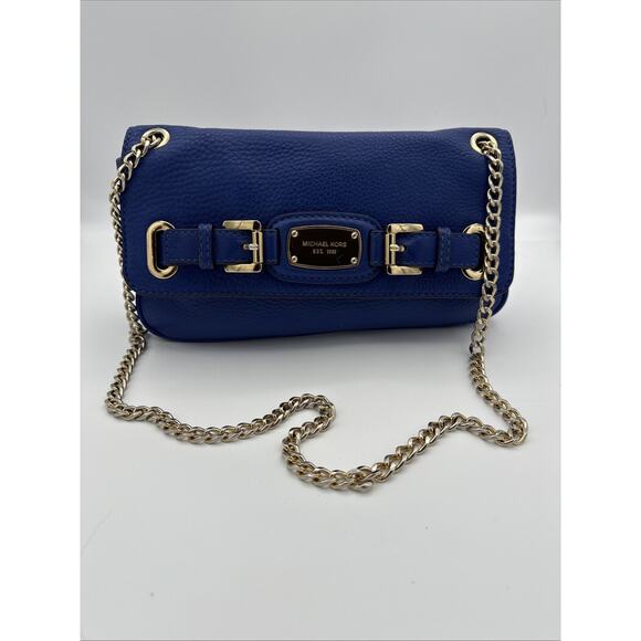AUTH. MICHAEL KORS Hamilton Blue Leather Gold Chain Buckle Shoulder Flap Bag EUC - Picture 1 of 14